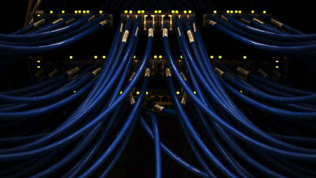 Cavi ethernet blu collegati ad uno switch di rete con i LED illuminati.